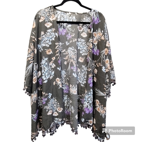 M/L Kimono Pom Pom Hem Floral  Brown Boho Beachy Coverup Cottagecore - Picture 1 of 6